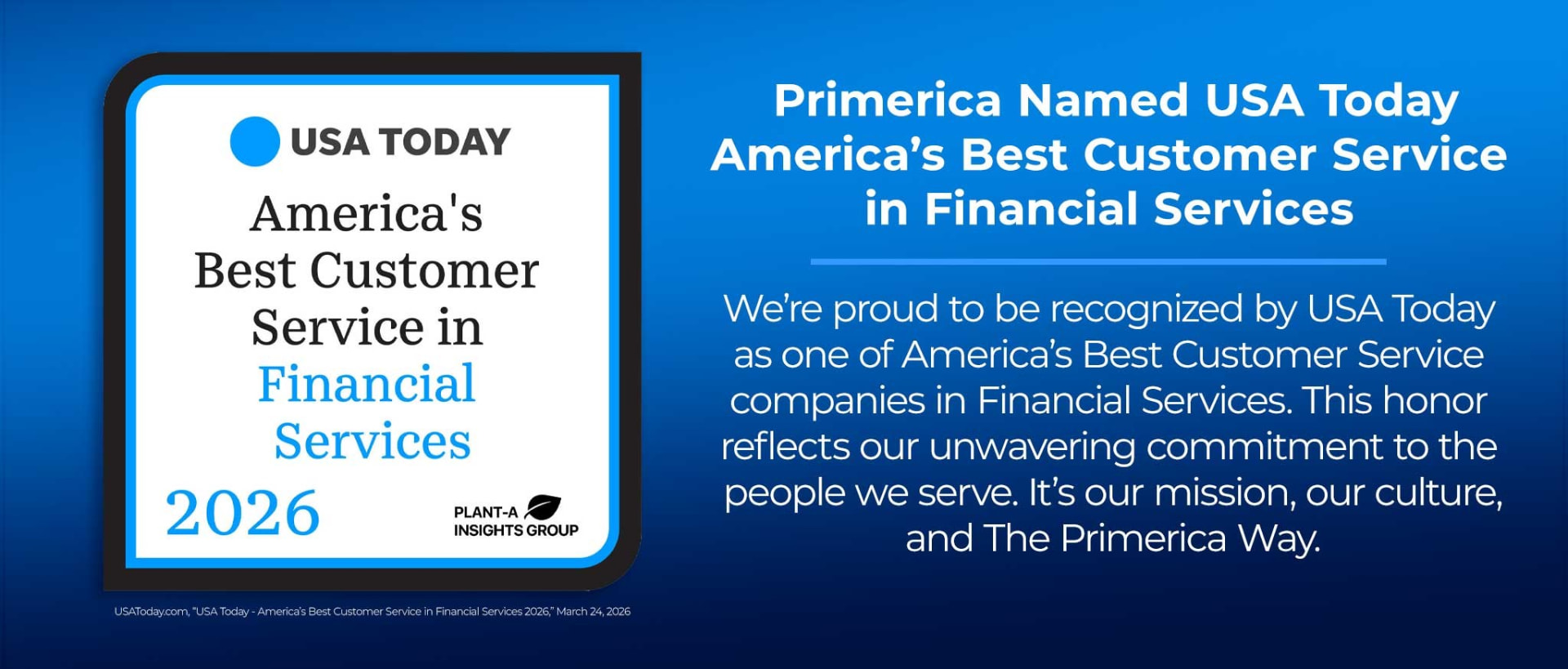 USA Today — America's Best Customer Service in Financial Services 2026 recognition for Primerica